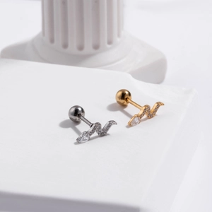 Snake shaped stainless steel screw back stud earrings with zircons in gold and silver