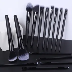 Detailed set of 15 professional makeup brushes with matte black handles and gradient bristles