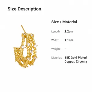 Detailed view of 18K gold plated C-shape hoop earrings with twisted texture and zircon inlay