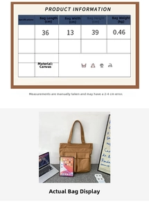 Size chart showing large canvas tote dimensions 36x39cm with weight and washing details