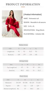 Detailed size chart for women's 3-piece silk sleepwear set including robe, cami and pants
