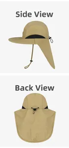 Detailed side and back view of a khaki sun hat with neck flap and adjustable drawcord
