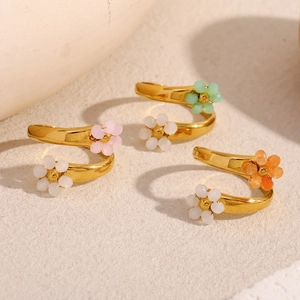 Handmade Flower Open Ring Stainless Steel 18K Gold Plated Adjustable Beaded Floral Jewelry Gift For Women Chic
