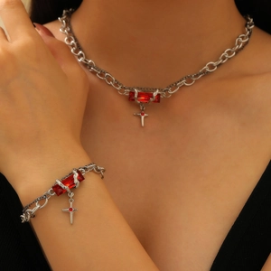 Gothic Punk Alloy Necklace Bracelet Rectangle Rhinestone Cross Pendant Double Layer Chain Jewelry For Women Men Halloween