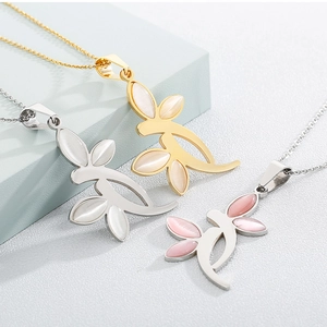 Three leaf pendant necklaces in gold and silver finish with opal style inlays