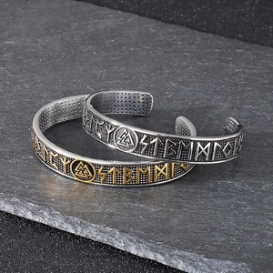 Bracelet Jonc Ouvert Runes Vikings Acier Inoxydable Mythologie Nordique Valknut Bijoux Style Punk Pour Homme