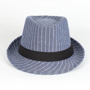 Classic blue striped cotton fedora hat with black decorative band shown from 45-degree angle