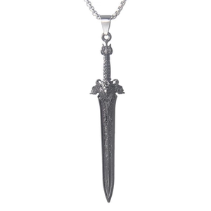 Vintage lion sword pendant necklace in silver tone for men with intricate relief details