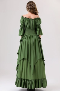 Detail view of the lace-up waist and tiered ruffle skirt of the green medieval dress