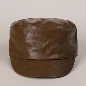 Close-up of brown PU leather military hat showing stitching and retro pleated texture