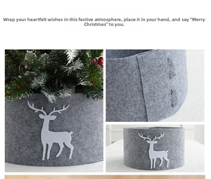 Detail view of grey felt Christmas tree skirt featuring a white reindeer silhouette pattern