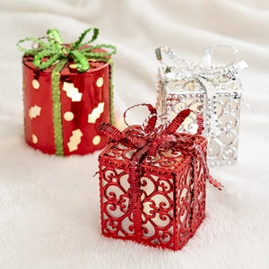 Glowing Christmas gift box decorations, set of 3 light up LED holiday ornaments for home decor.