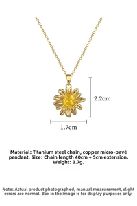 Detailed specs of champagne gold daisy necklace with dimensions, weight and chain length