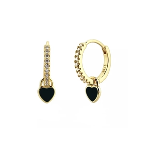 Close-up of S925 silver gold hoop earrings with black heart pendant and sparkling zircons