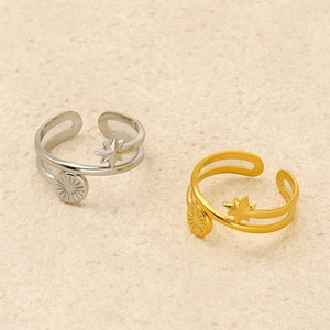 Stainless Steel Open Ring Minimalist Geometric Sun Star Motif Adjustable Fashion Jewelry For Women