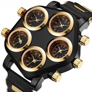 Detail view of large punk black and gold multi-dial watch with four independent time zones