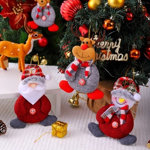 Plush Santa, reindeer and snowman Christmas tree hanging ornaments with burlap texture