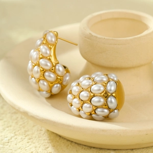 Vintage 18K gold plated titanium steel water drop earrings with clustered white pearls