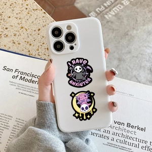 Close-up of gothic cartoon sticker with I Have Anxietea text on a modern smartphone