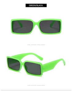 Front and side view of neon green rectangular sunglasses with dark lenses