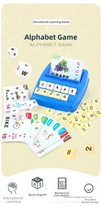 Educational spelling and math game with letter blocks and learning cards for kids