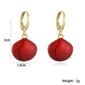 Detail showing 3cm gold-plated drop earrings with red shell pendant and dimensions