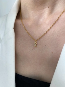 Close-up of gold dainty necklace featuring a crystal-encrusted letter R pendant on a model