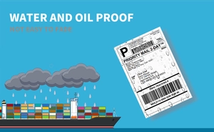 Waterproof and oil-proof thermal shipping labels shown with water droplets on a cargo ship