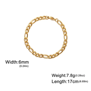 Detailed view of 6mm gold Figaro chain bracelet with precise size and weight dimensions