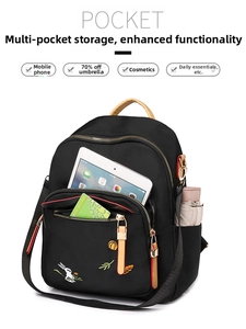 Detail of multi-pocket backpack showing storage for tablet, umbrella and cosmetics