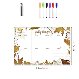 Detailed view of the 30x20cm weekly planner board with six markers and floral designs