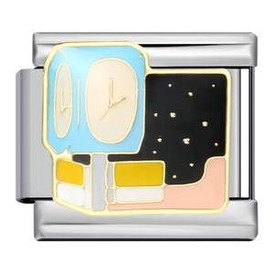 Macro shot of Italian charm link featuring a gold-plated Big Ben clock tower and starry sky