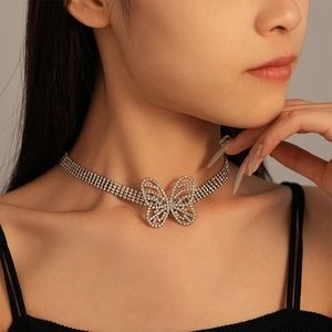 Butterfly Choker Necklace Alloy Shiny Rhinestone Multi Row Hollow Pendant Elegant Clavicle Chain For Women Glamour