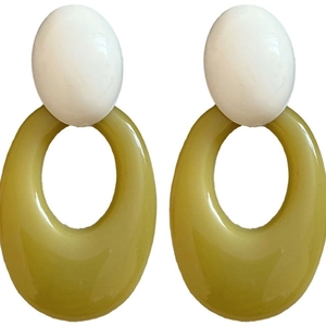 Vintage oval acrylic hoop earrings with a green and white color-block design for women