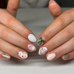 Press On Nails ABS Plastic Oval Short Pink Yellow Flower Bowknot Stripes Dots Detachable Sweet Fresh Style For Women