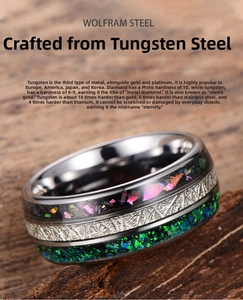 Macro shot of tungsten steel ring with opal inlay and meteorite texture detailing