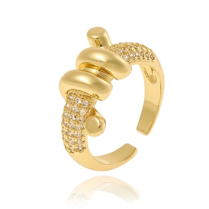 Elegant gold-tone knotted open ring with micro-paved crystals and polished finish