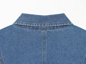 Detail eines Jeanskleides mit Ziernähten am Rückenausschnitt und an der Schulternaht