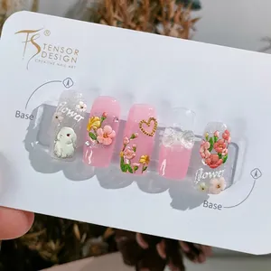 5D stereoscopic press-on nails with 3D resin flowers and hand-painted rabbit designs