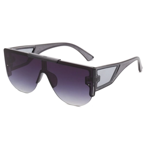 Fashionable oversized rimless sunglasses with purple gradient lenses and geometric frame