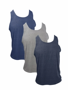Detailed knit texture of a 3-pack men's gym tank tops in grey, blue and navy colors