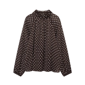 Women Polka Dot Chiffon Blouse Long Sleeve Tie Neck Elegant Mock Neck Puff Sleeve Top Shirt Retro Chic Office Wear