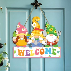 Spring gnome welcome sign with flowers and garden tools hanging on a blue door
