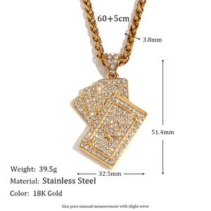 18K gold plated stainless steel playing card pendant necklace with full diamond inlay