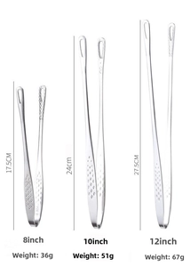 Three sizes of 304 stainless steel food tongs with measurements and weights in inches