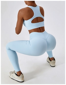 Détails de l'ensemble de yoga bleu clair côtelé avec brassière dos nageur et legging