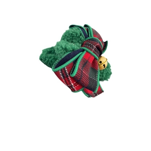 Christmas bow hair claw in green plush with red plaid ribbon and golden bell detail
