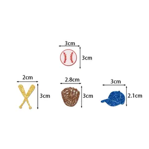 Detailed dimensions of multi-colored baseball confetti shapes for party decoration sets