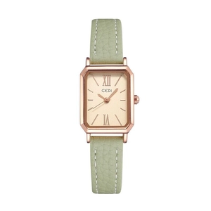 Elegante GEDI Damenuhr mit rechteckigem Roségoldgehäuse und grünem Lederarmband