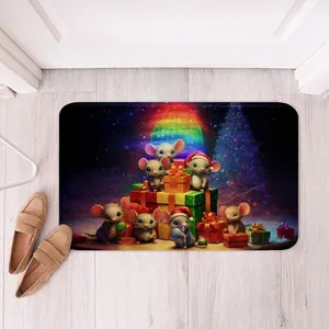 Detailed view of the Christmas mat featuring cute cartoon mice and a festive holiday tree